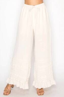 NEW ORIGAMI lined flowy pants with ruffle details in beige
